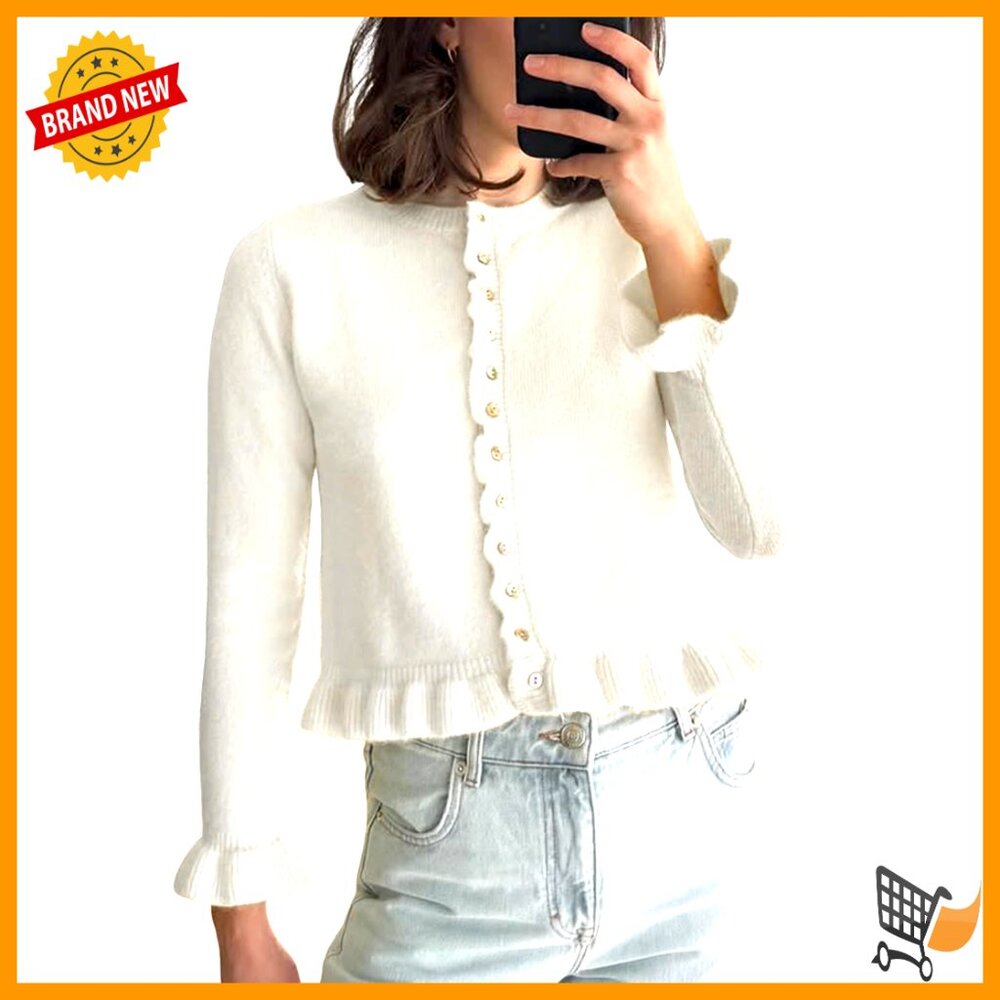 Cropped Cardigan Sweater Ruffle Crewneck Button Down Slim Fit Chic Versatile